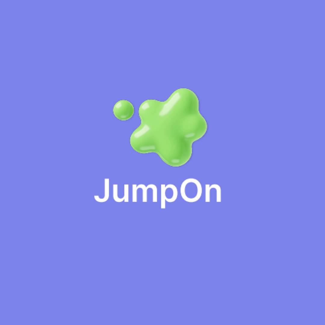 Una imagen que muestra el texto 'JumpOn' sobre un fondo morado con una mancha verde.