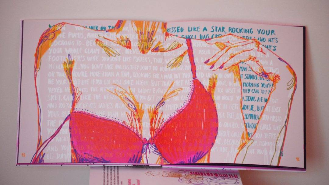 La imagen muestra una ilustración vibrante de una figura femenina con un sujetador, rodeada de texto en un estilo artístico.