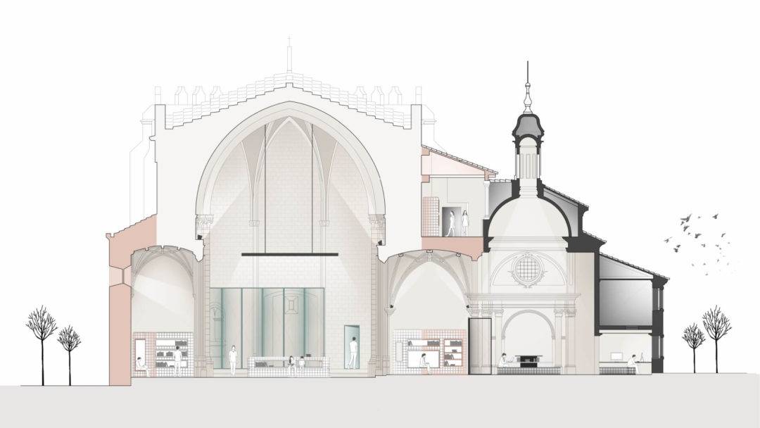 Se presenta un corte arquitectónico de un edificio que combina elementos históricos y modernos.
