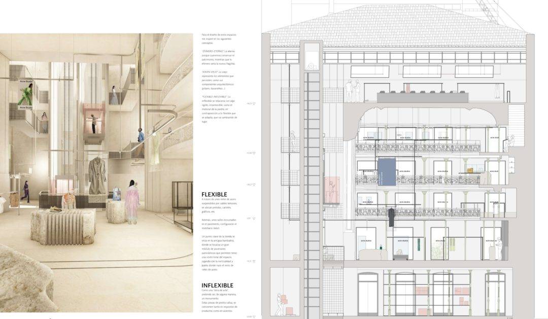 La imagen muestra un diseño arquitectónico que combina un espacio interior amplio con un plano de planta detallado en una parte lateral.