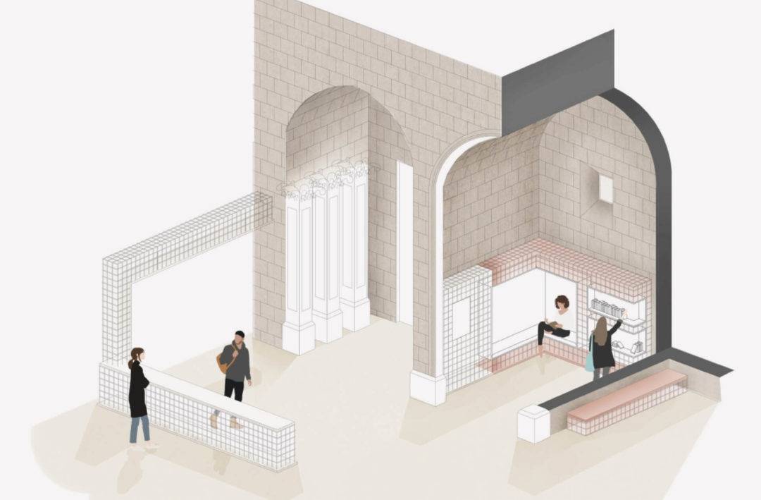 Una ilustración que muestra un espacio arquitectónico con un mostrador y personas interactuando en un ambiente moderno.