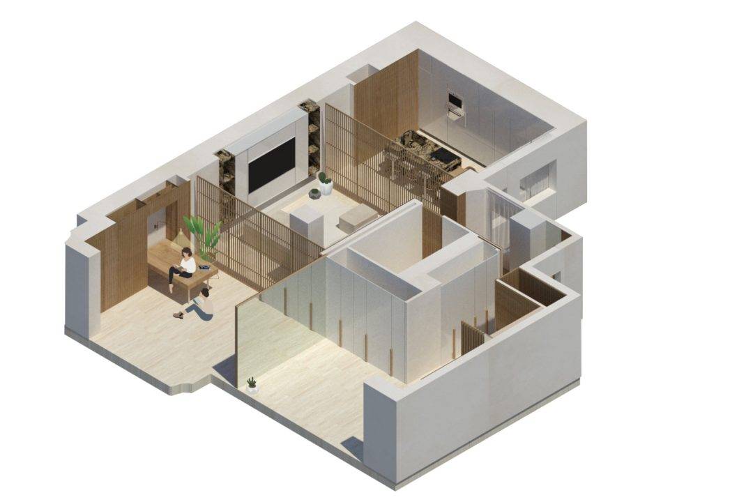 Una representación en 3D de un apartamento moderno y minimalista.