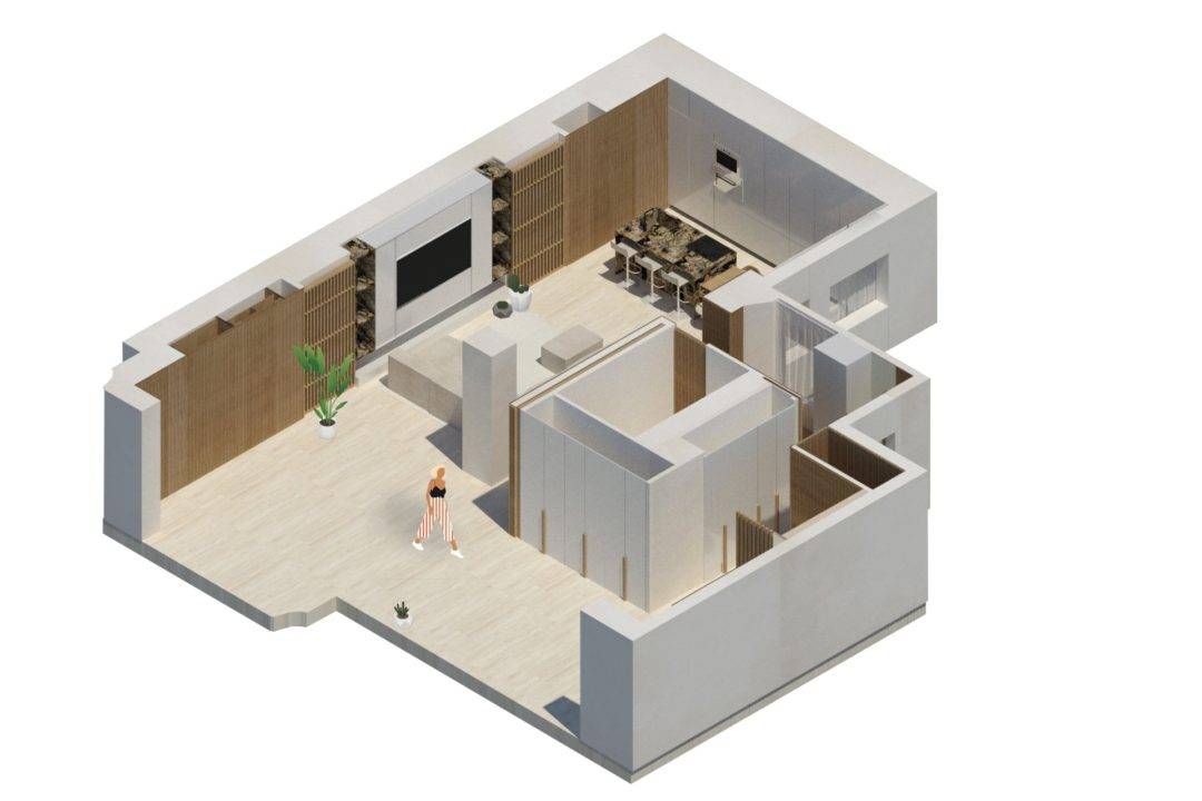 Una vista isométrica de un interior moderno y minimalista de una vivienda.