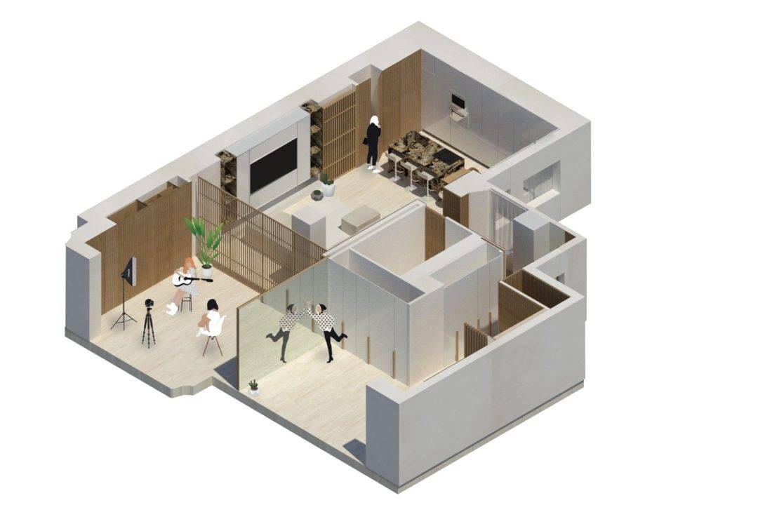 El diseño muestra un plano de un apartamento moderno con áreas de estar y comedor.