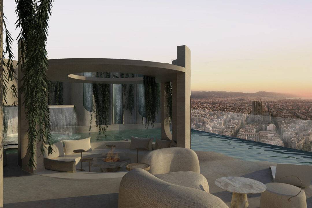 Un espacio moderno con una piscina infinita y vistas panorámicas de la ciudad al atardecer.