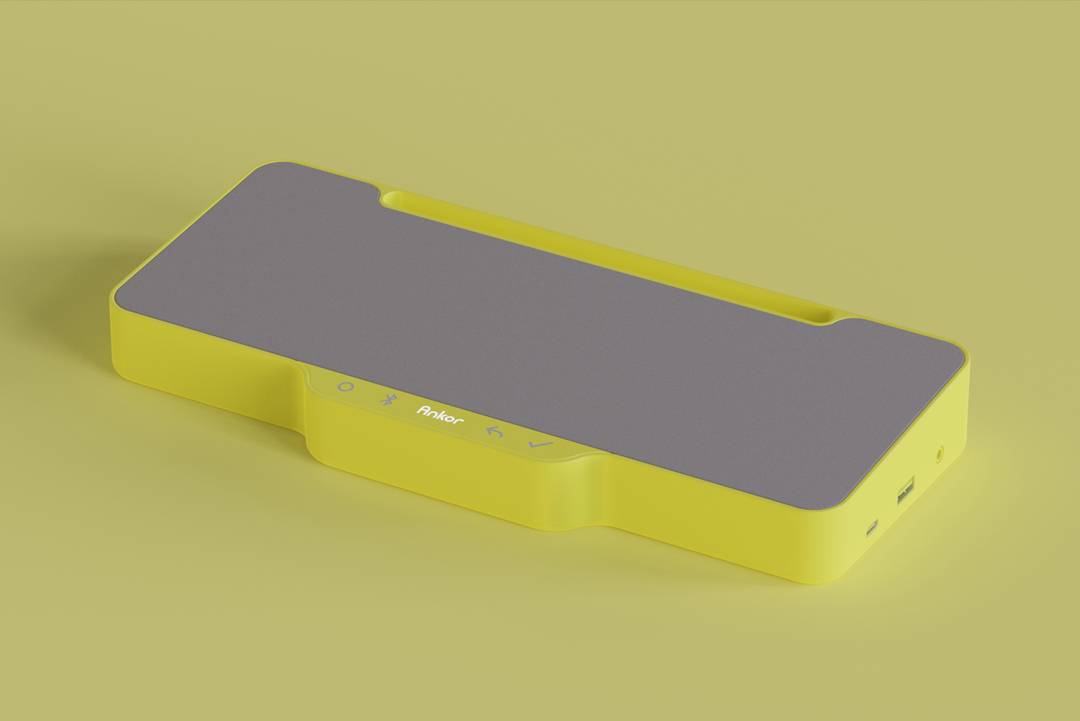 Un objeto de diseño moderno en colores amarillo y gris.
