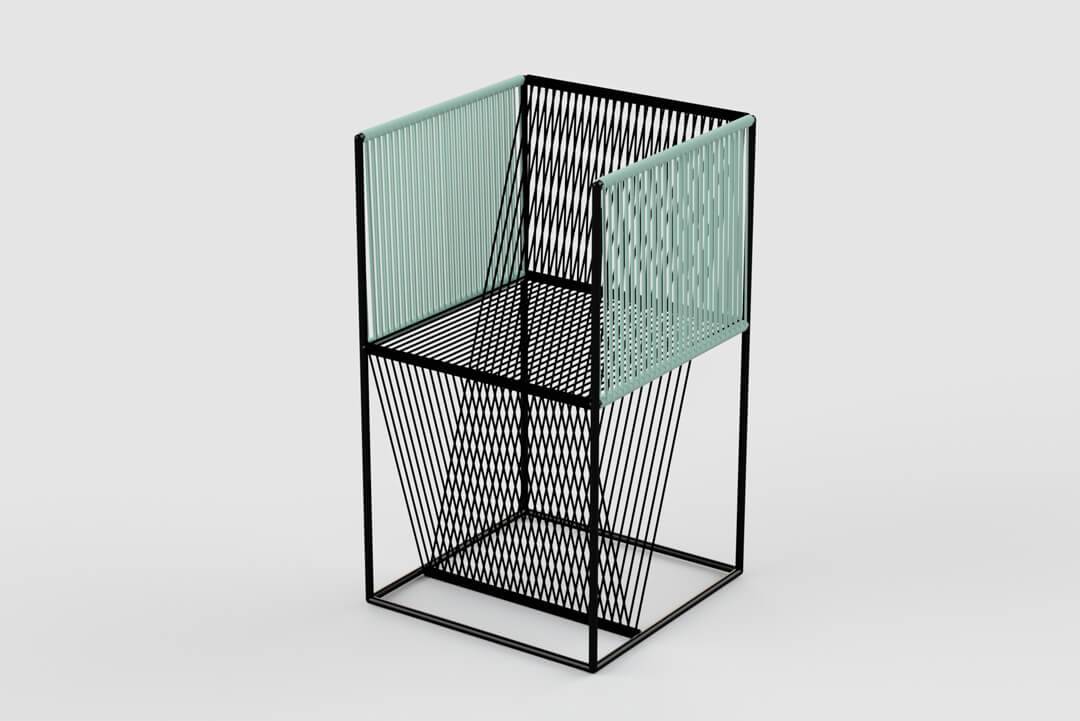 Silla de diseño moderno con estructura metálica y respaldo de color aqua.