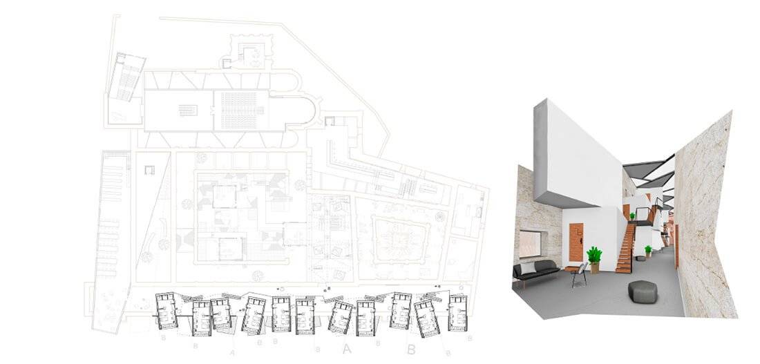 La imagen muestra un plano arquitectónico junto a una representación en 3D de un espacio interior moderno.