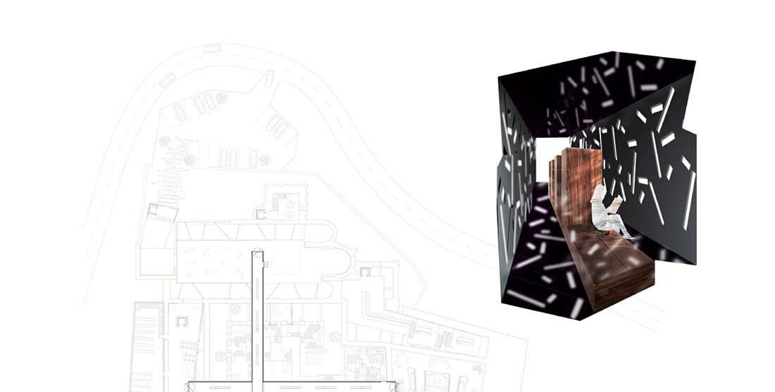 La imagen presenta un diseño arquitectónico que muestra una estructura contemporánea con elementos geométricos.