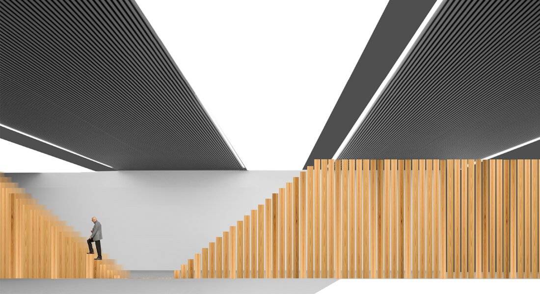La imagen muestra un espacio arquitectónico moderno con escaleras de madera y líneas de techo contemporáneas.