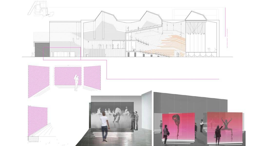 Diseño arquitectónico que incluye planos y proyecciones de un espacio con instalaciones interactivas y elementos visuales en tonos rosas.