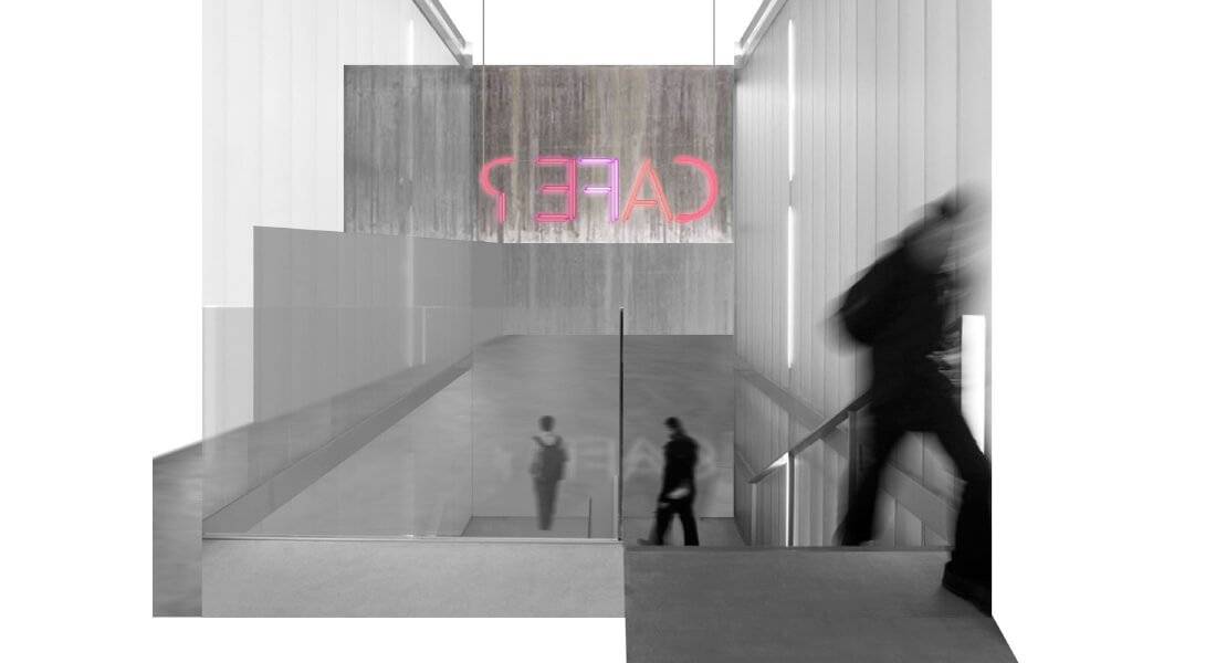 Una imagen que muestra un interior moderno con personas en movimiento y un letrero brillante que dice 'CAFÉ'.