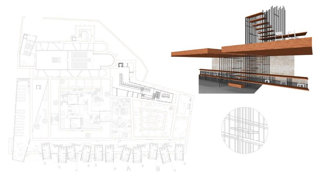La imagen muestra un diseño arquitectónico con un plano a la izquierda y una representación 3D de la estructura a la derecha.