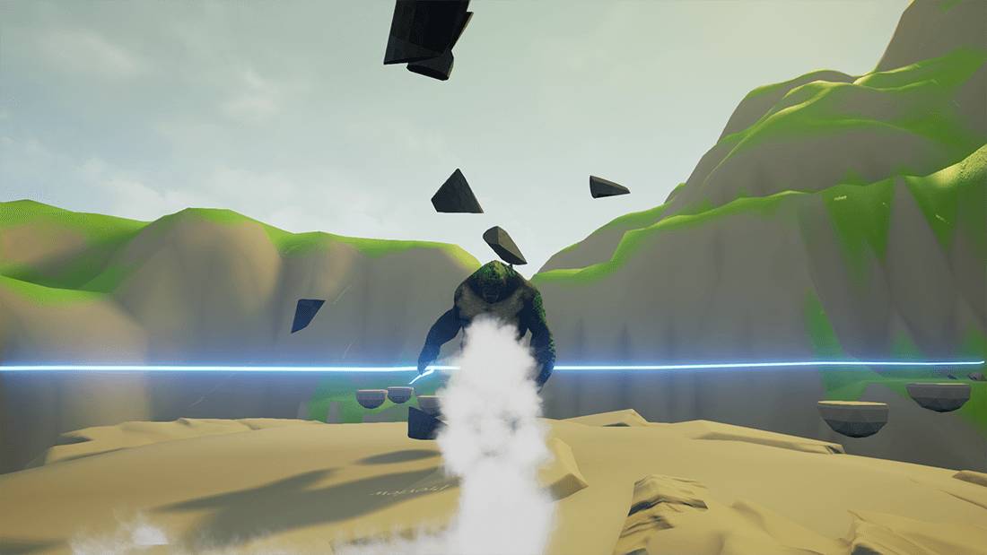 Una figura en un paisaje montañoso con elementos flotantes y efectos de humo.