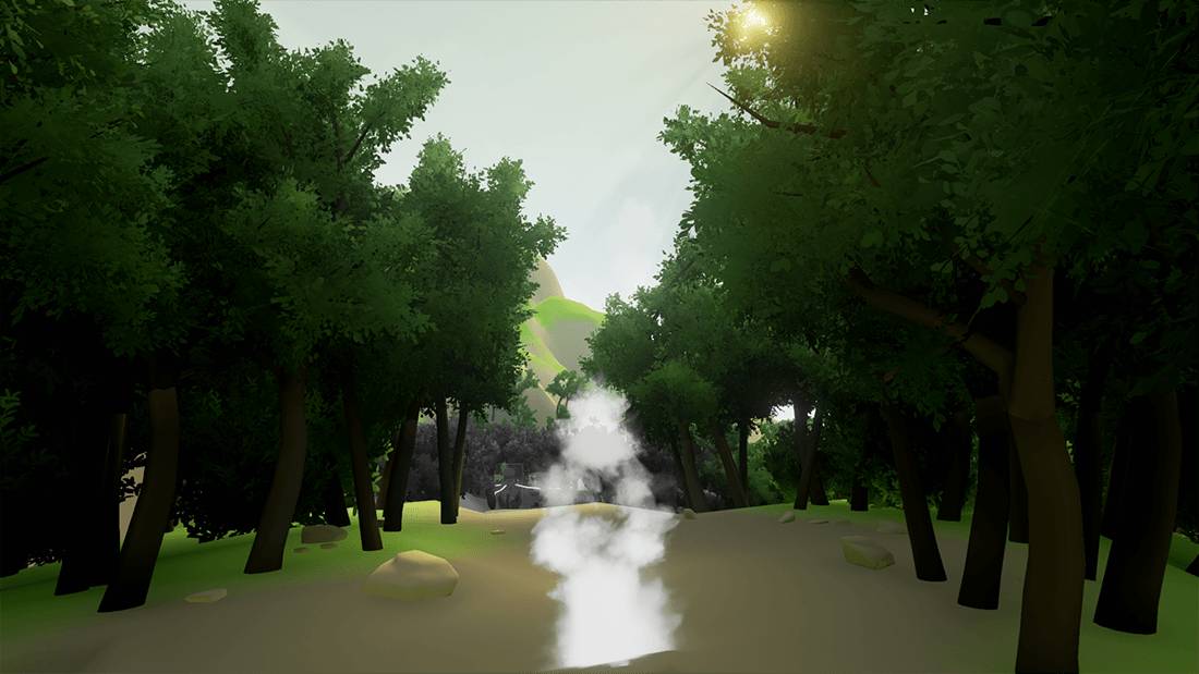 Un camino entre árboles en un entorno natural con niebla y colinas al fondo.