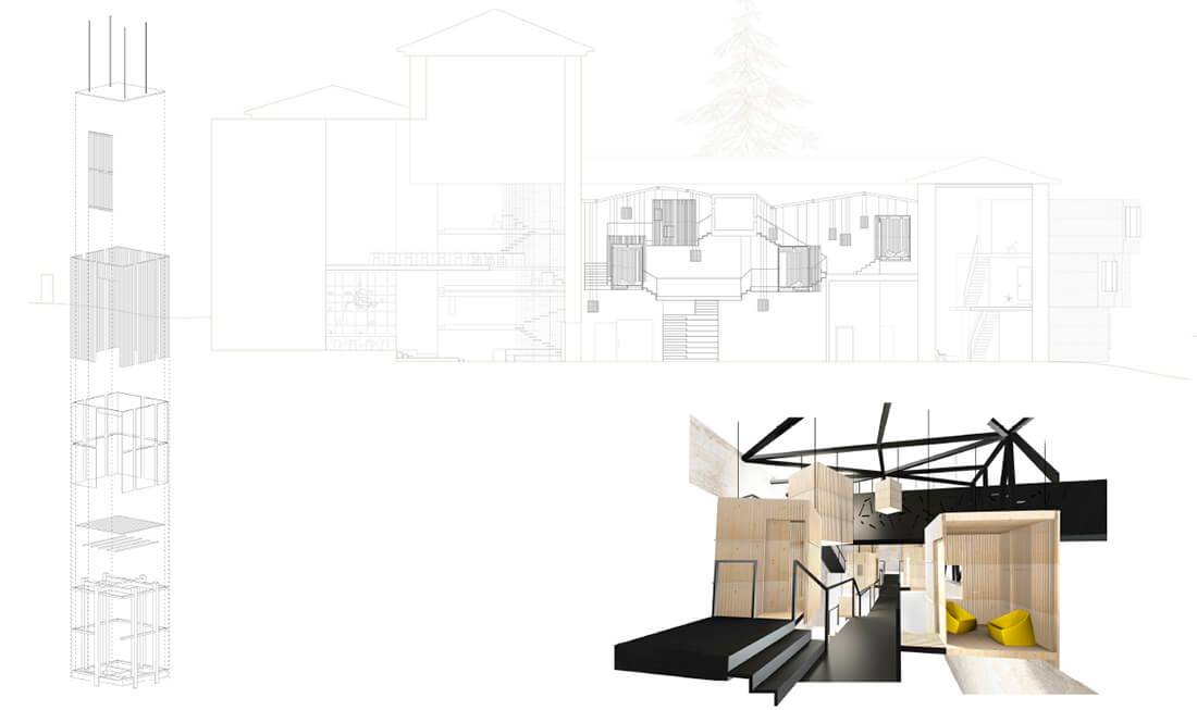 La imagen presenta un diseño arquitectónico que combina un esquema esquemático con una representación en 3D de un espacio interior moderno.