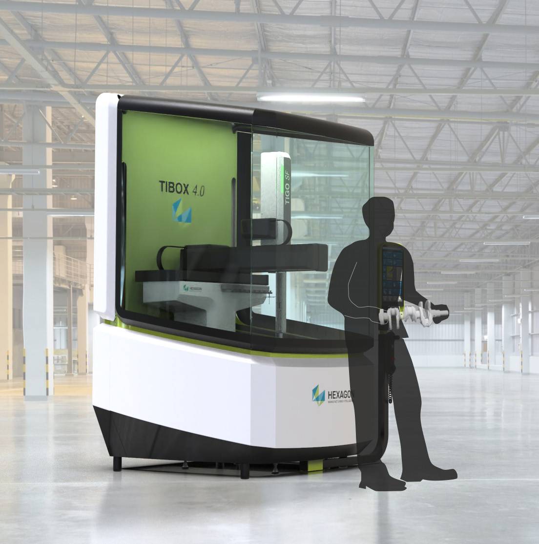 La imagen muestra un dispositivo TIBOX 4.0 en un entorno industrial moderno.