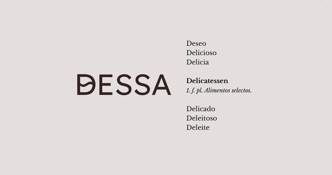 Imagen que presenta la palabra 'DESSA' y una lista de palabras relacionadas con la comida gourmet.