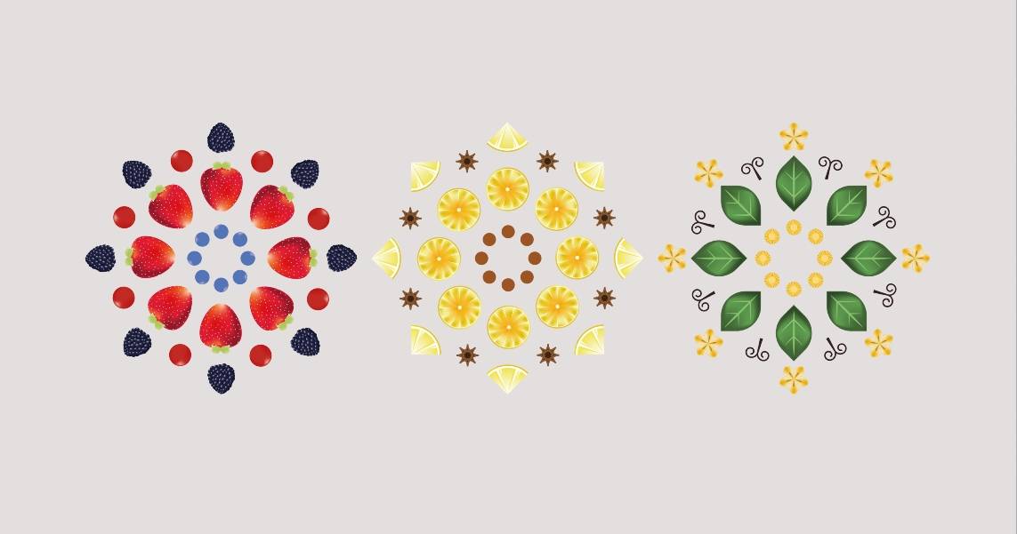 La imagen muestra tres mandalas coloridos formados por frutas y flores.