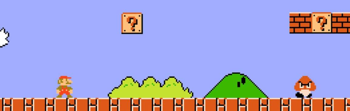 Un escenario clásico de un videojuego de plataformas con un personaje en movimiento y bloques de sorpresa en el aire.