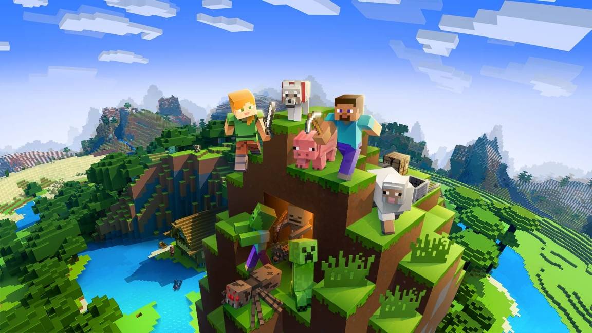 Un grupo de personajes del videojuego Minecraft se encuentra en la cima de una colina, rodeados de animales y un paisaje colorido.