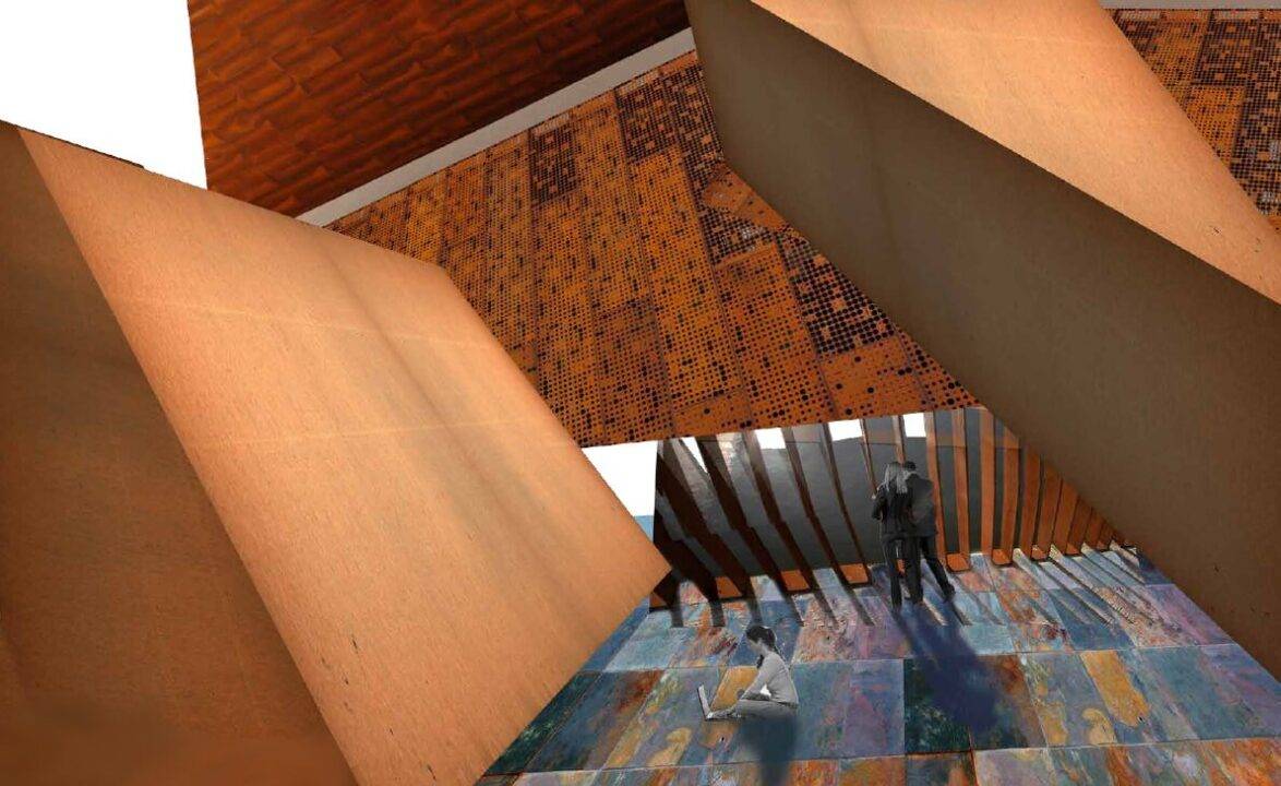 Una estructura arquitectónica moderna con elementos geométricos y colores cálidos.
