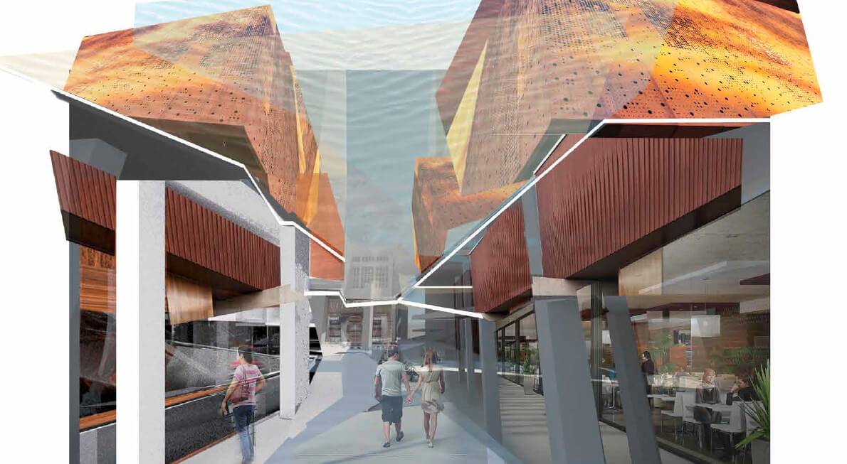 Una representación arquitectónica de un espacio urbano con edificios modernos y un camino peatonal.