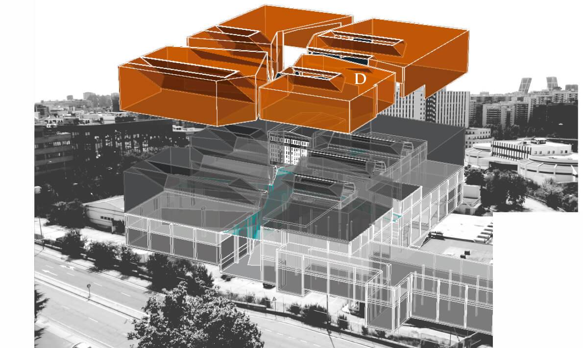 La imagen muestra un diseño arquitectónico en 3D con varias estructuras flotantes sobre un edificio.