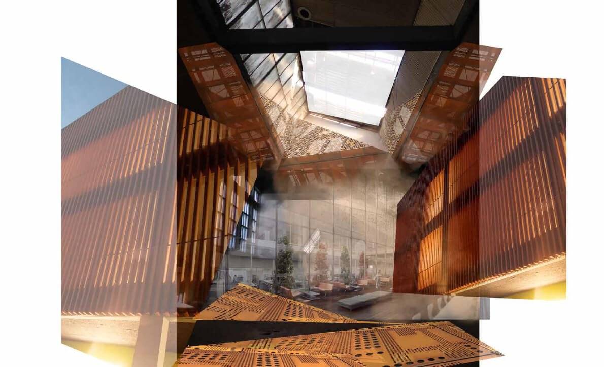 La imagen presenta un montaje artístico de un interior arquitectónico contemporáneo con elementos de madera y vidrio.