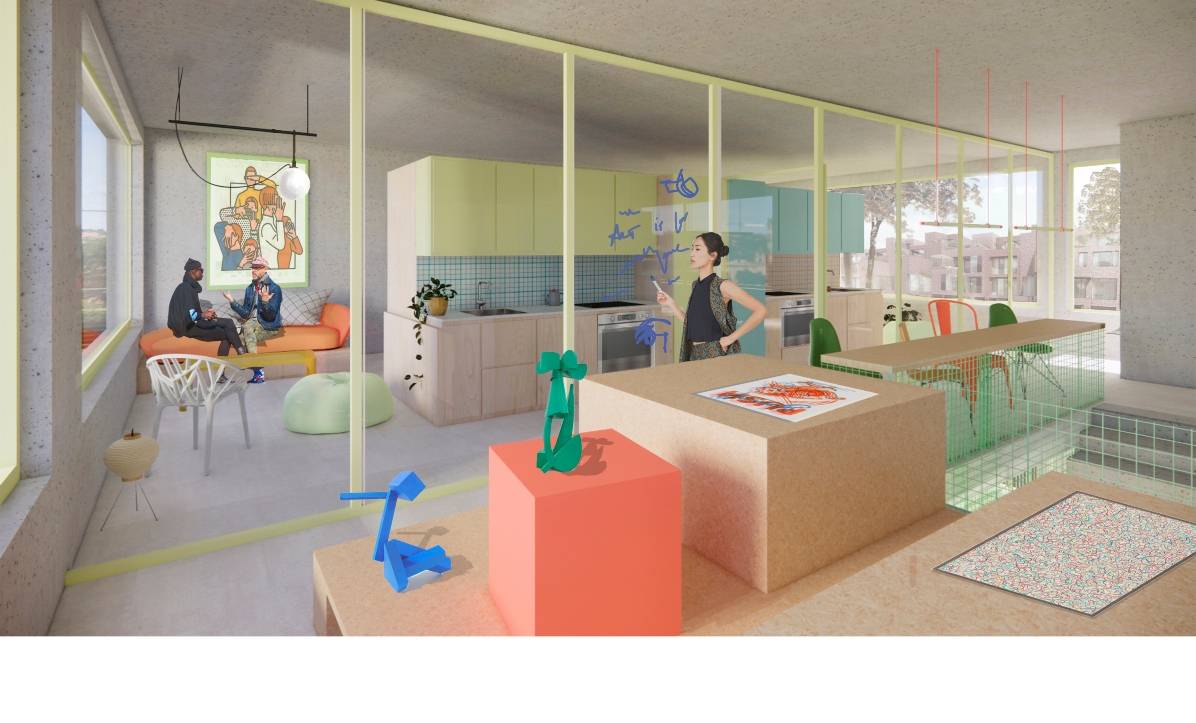 Una moderna cocina de diseño abierto con elementos de decoración coloridos y personas conversando en la sala de estar.