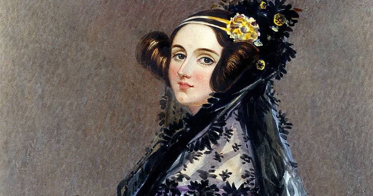 Retrato de Ada Lovelace, pionera en programación y matemática, con un vestido elegante y adornos en el cabello.