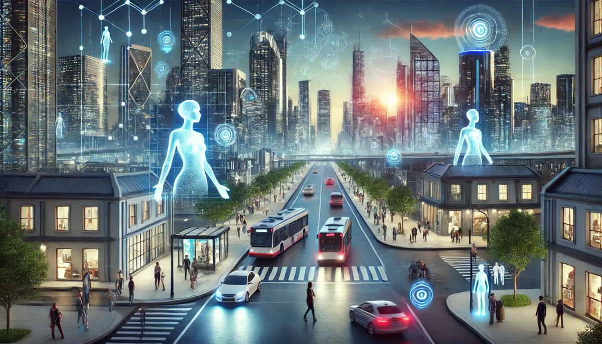 Una ciudad futurista con hologramas y un atardecer impresionante.