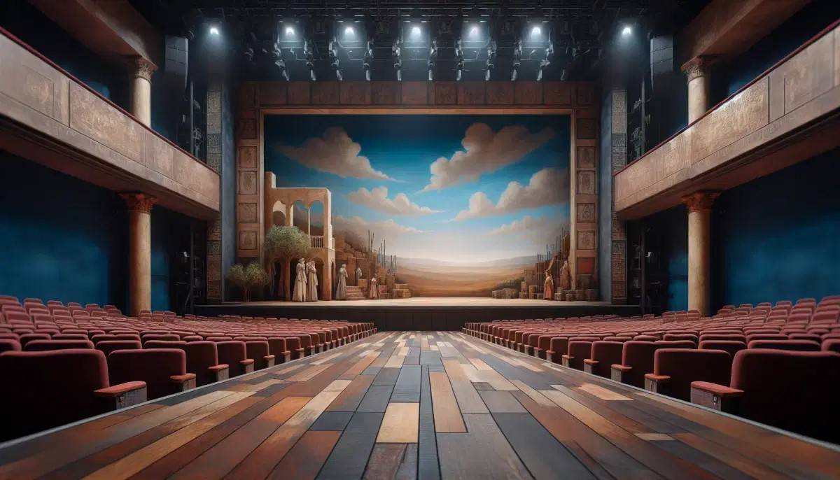 Una escena de un teatro vacío con un escenario decorado y luces brillantes.