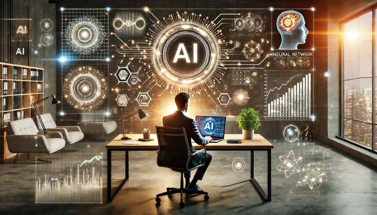 Una persona trabaja en una oficina moderna rodeada de elementos visuales relacionados con la inteligencia artificial.