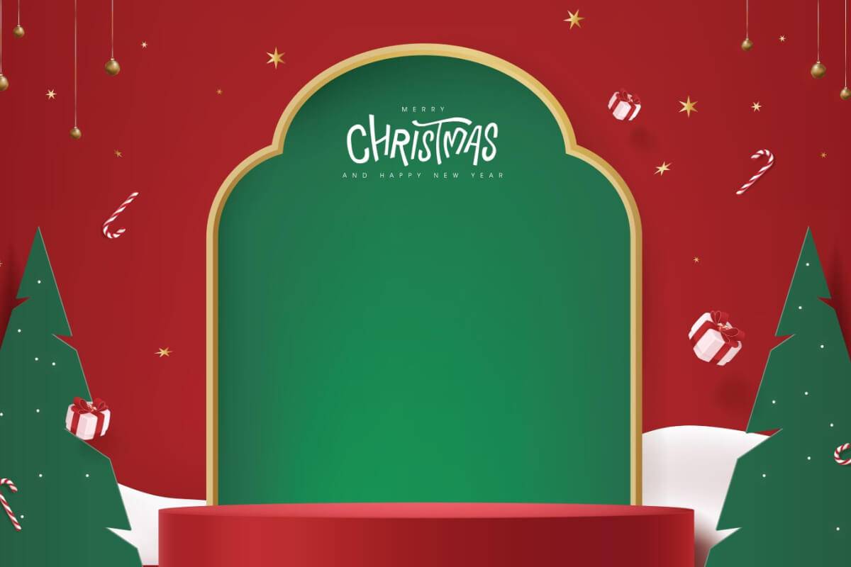 Fondo navideño con un marco verde y decoración festiva en rojo.