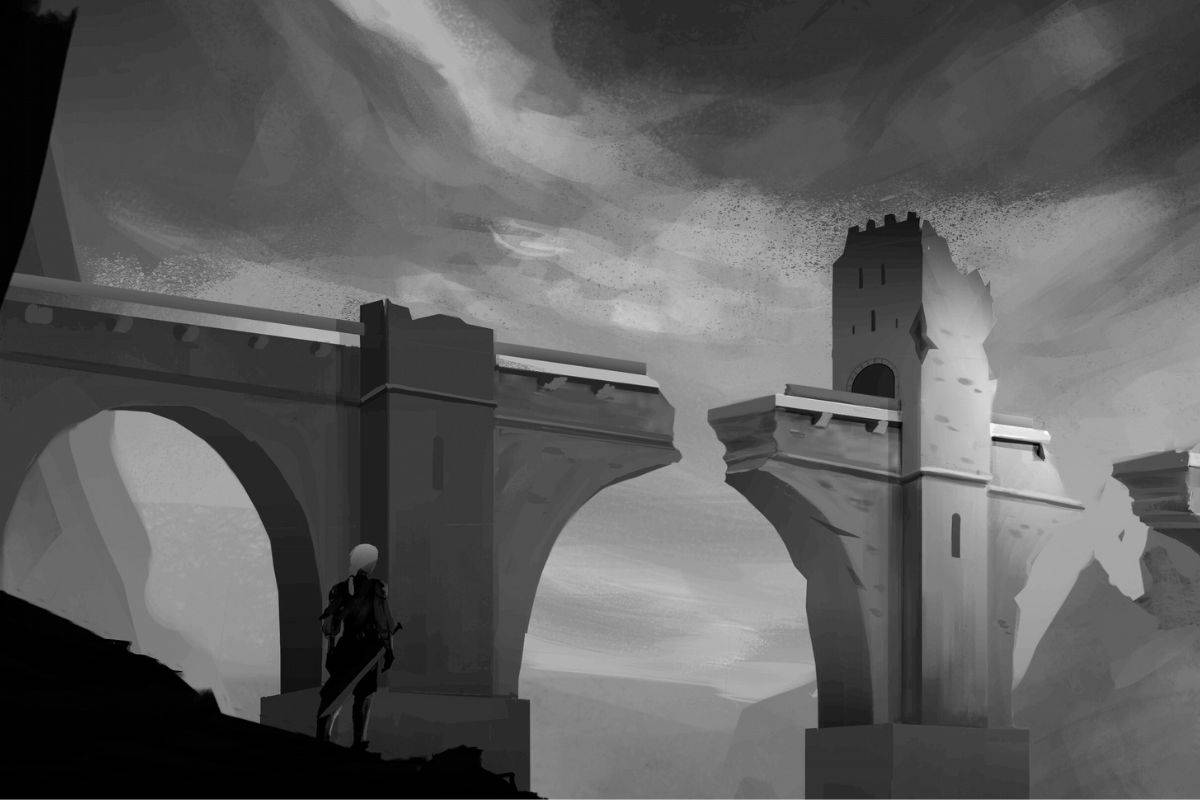 Una figura frente a un puente en ruinas bajo un cielo nublado.