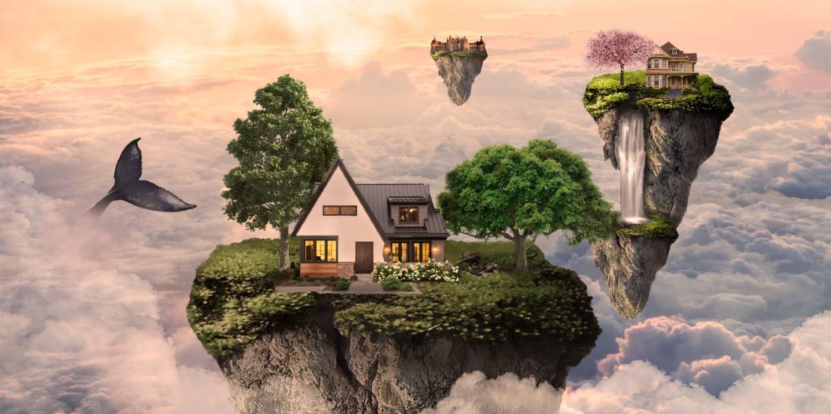 Una casa flotante rodeada de árboles en un paisaje de nubes y islas suspendidas en el cielo.