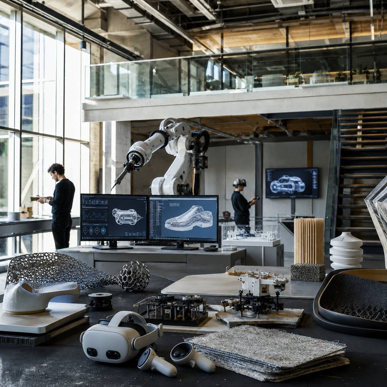 Un laboratorio moderno con tecnología avanzada, donde se observan un robot, pantallas y diversos prototipos en una mesa de trabajo.