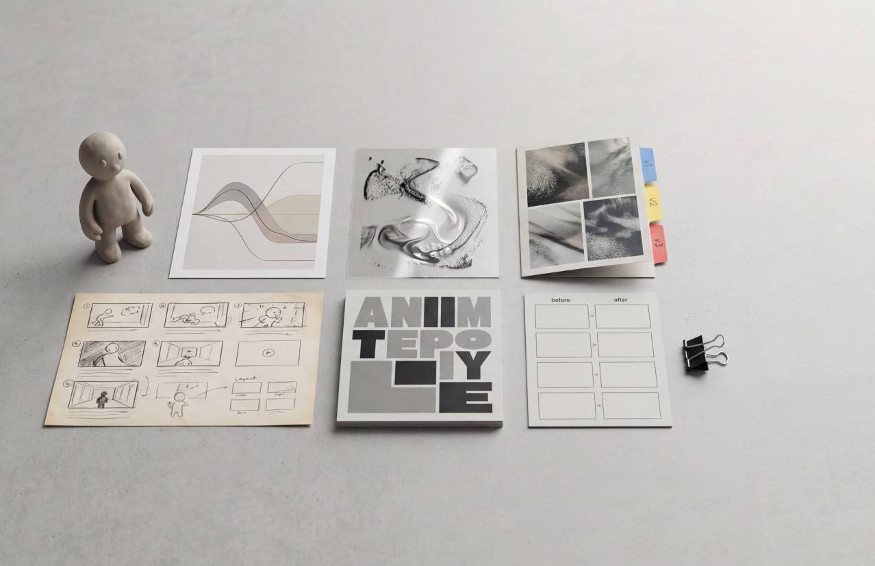 Una disposición de varios elementos gráficos y un muñeco de figurita sobre una superficie clara.