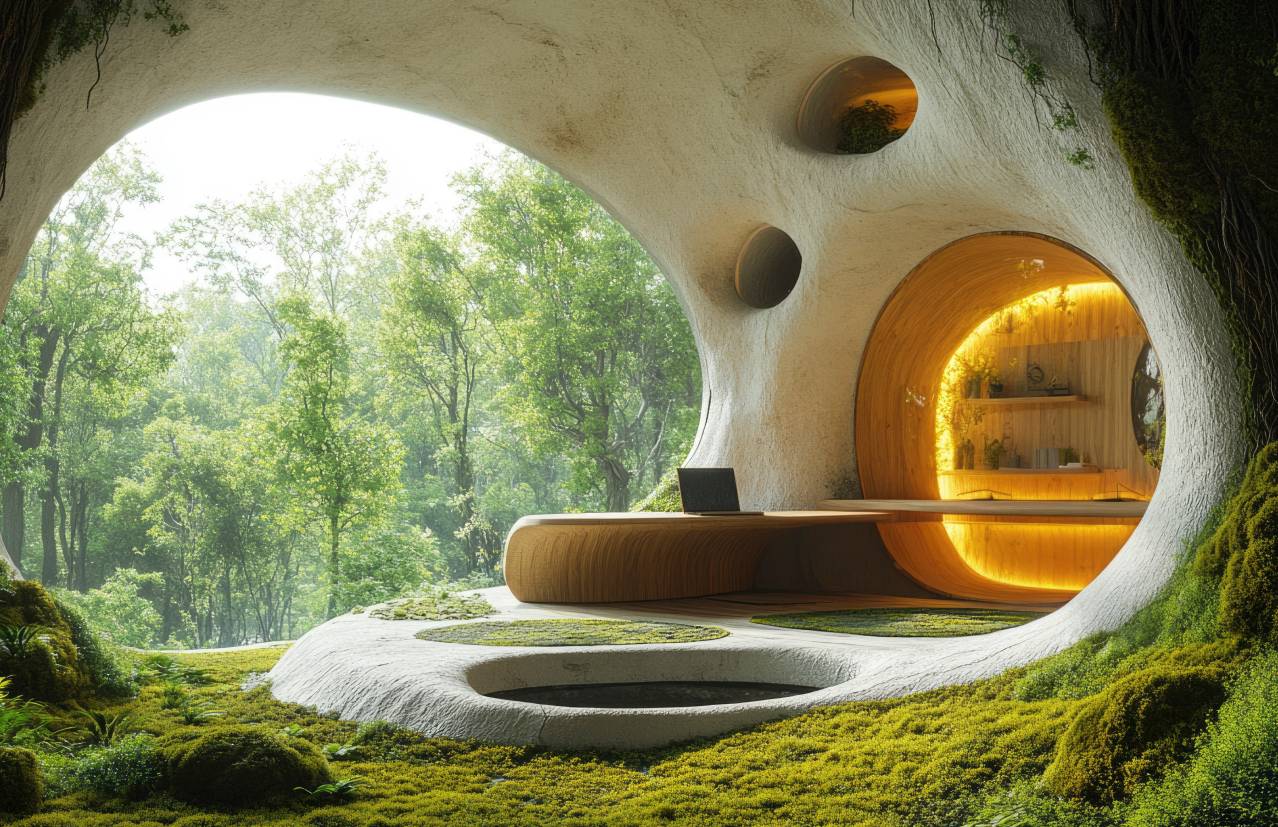 Un moderno estudio ecológico integrado en la naturaleza, con un diseño orgánico y iluminación cálida.