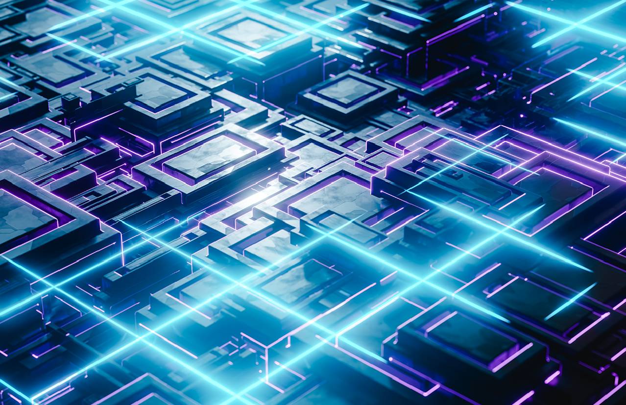 La imagen muestra una superficie tecnológica llena de patrones geométricos iluminados con luces azules y moradas.