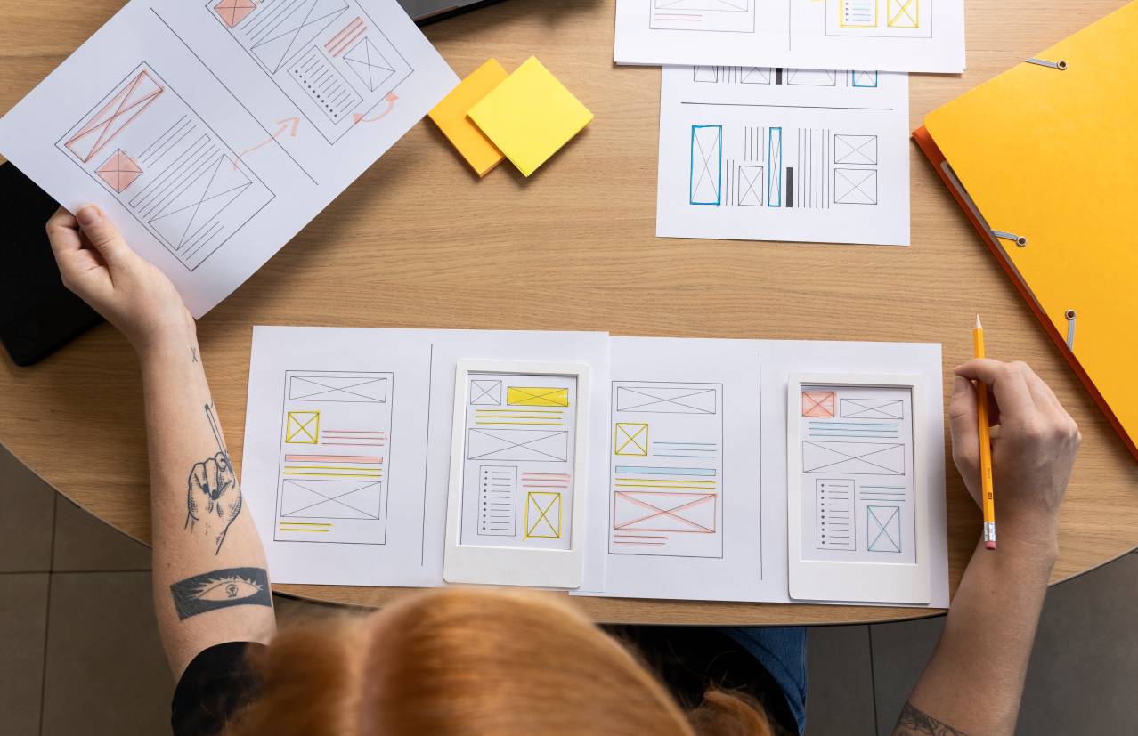 Una persona revisa bocetos de diseño de interfaz sobre una mesa mientras toma notas.