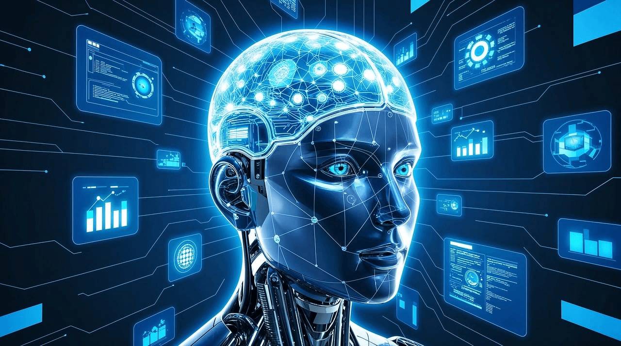 Imagen de un robot con un diseño futurista y un cerebro visible que emite luces, rodeado de pantallas digitales con gráficos.