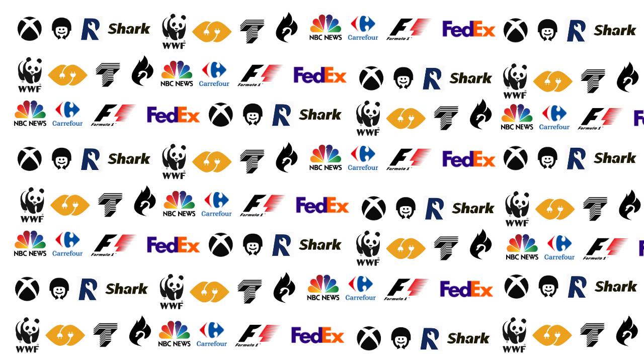 La imagen muestra una variedad de logotipos de diferentes marcas y organizaciones dispuestos en un patrón repetitivo.