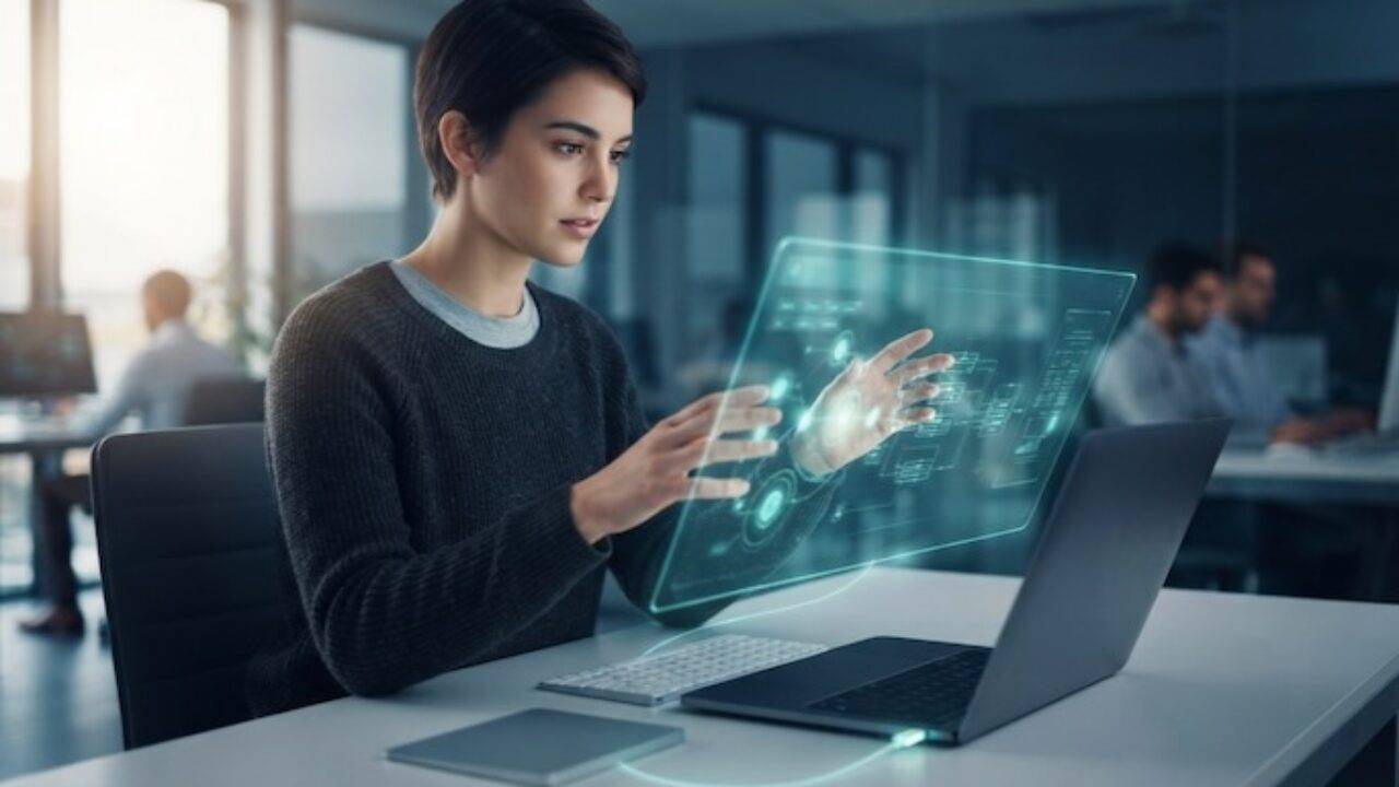 Una mujer interactúa con una interfaz holográfica frente a un portátil en un entorno de oficina moderno.
