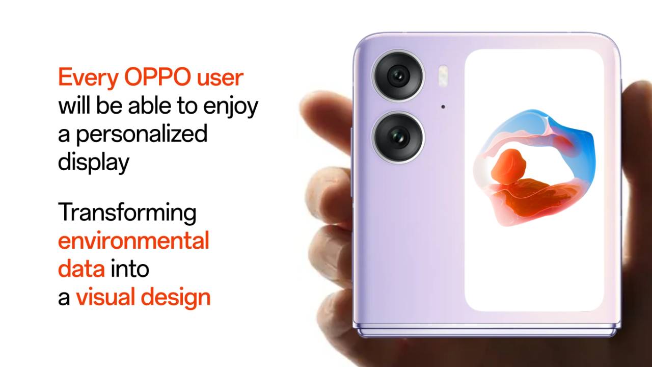 La imagen muestra un teléfono OPPO con un diseño moderno que destaca una pantalla personalizable.