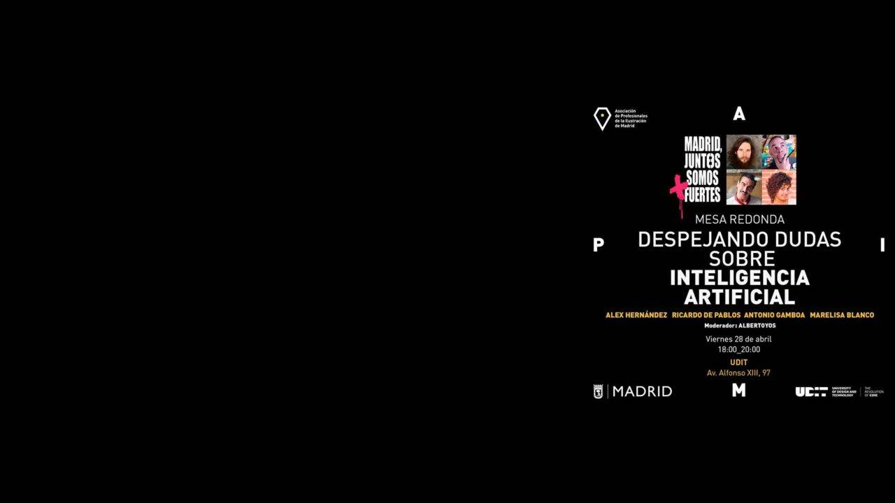 Una cartelera que anuncia una mesa redonda sobre la inteligencia artificial en Madrid.