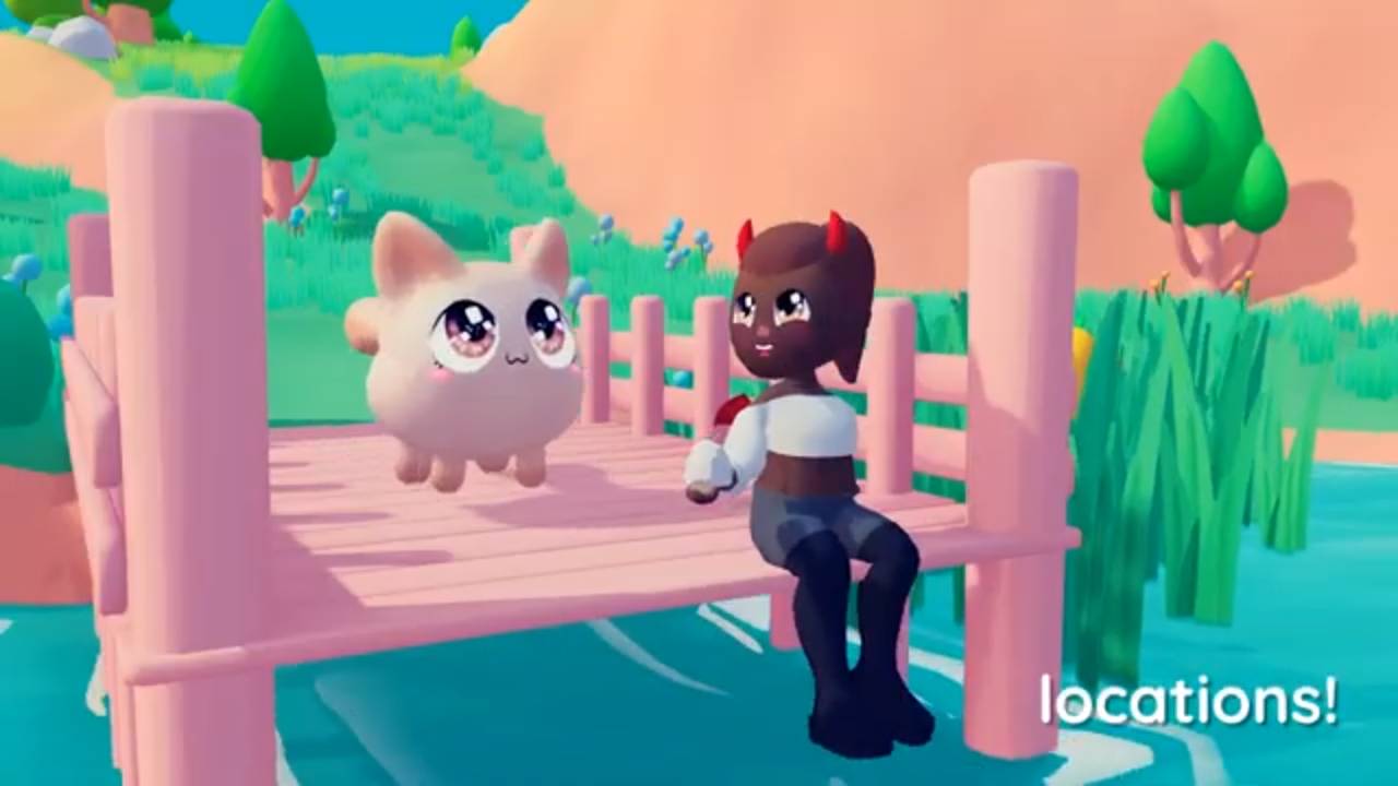 En la imagen se puede ver a un personaje humano y un adorable animal sentado en un muelle junto a un cuerpo de agua.