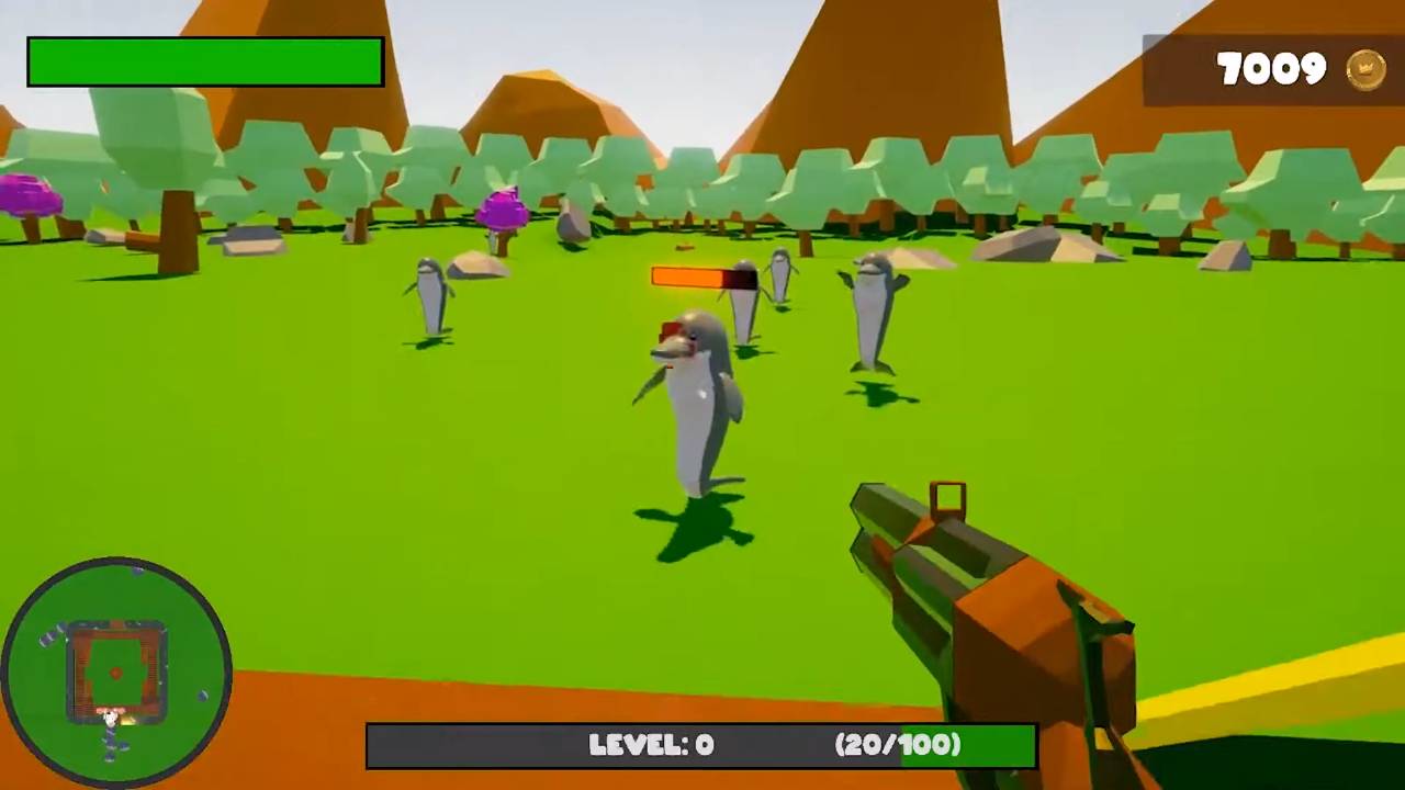 Un paisaje de videojuego con personajes en forma de delfines en un entorno animado y colorido.
