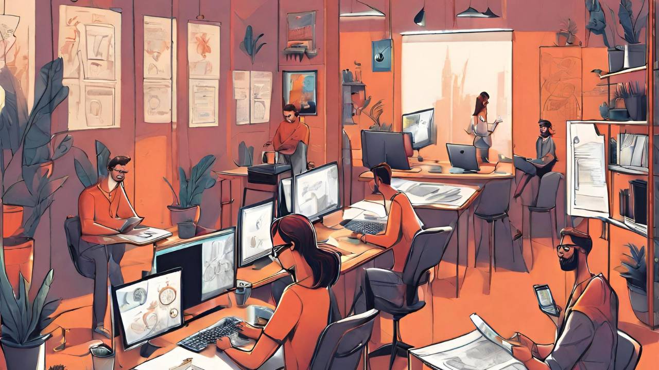 Una oficina moderna con varias personas trabajando en computadoras y rodeadas de plantas.